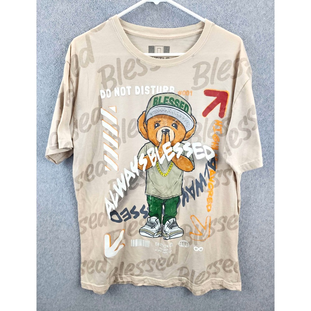 Bailey Hustle Men's 2XL Beige Crew Neck "Always Blessed" Bear Graphic Tee